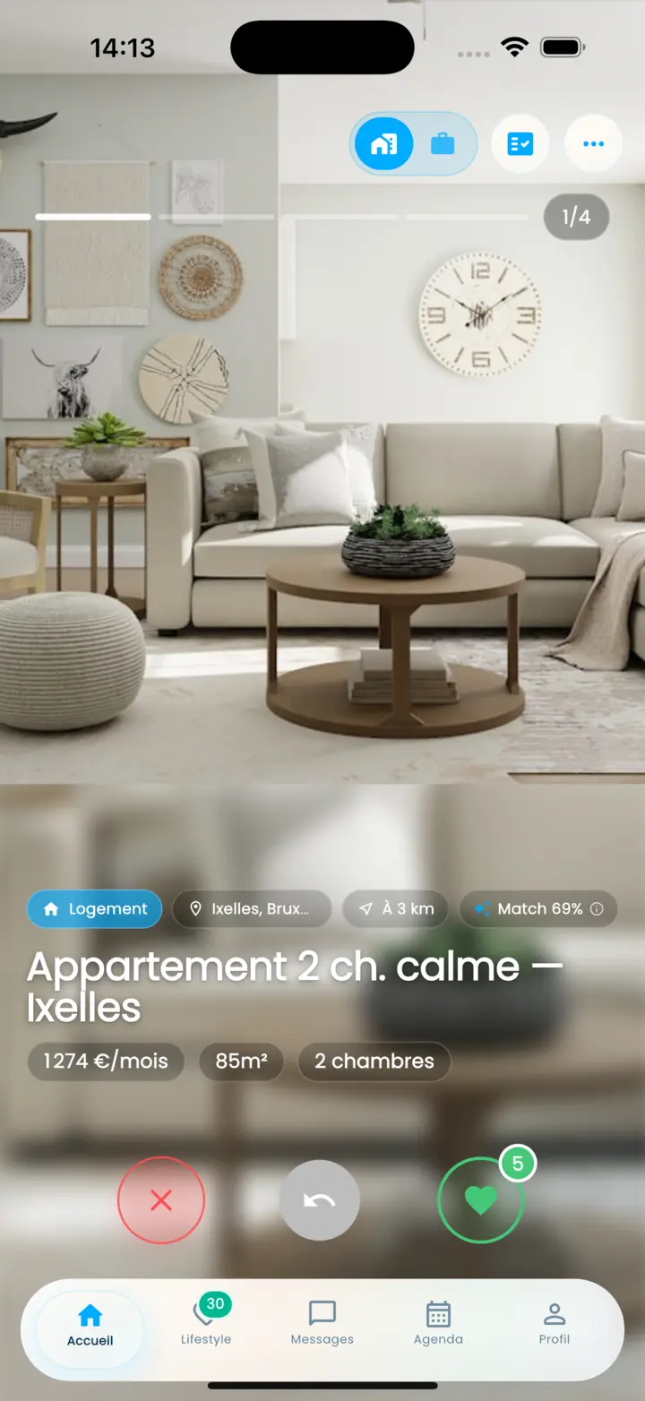 Annonce de logement avec photo, loyer et surface dans Findli