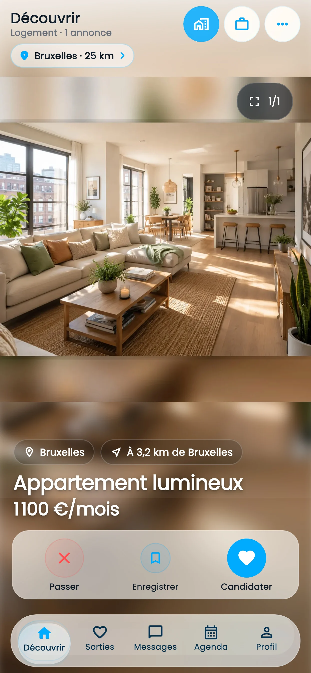 Annonce de logement avec photo, loyer et surface dans Findli